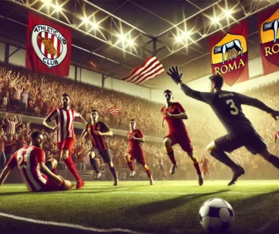 DALL·E 2025-03-14 00.01.28 - A dramatic soccer match scene between Athletic Club and AS Roma. The stadium is packed with excited fans waving flags. Athletic Club players wear red ATHELATIC VS ROMA